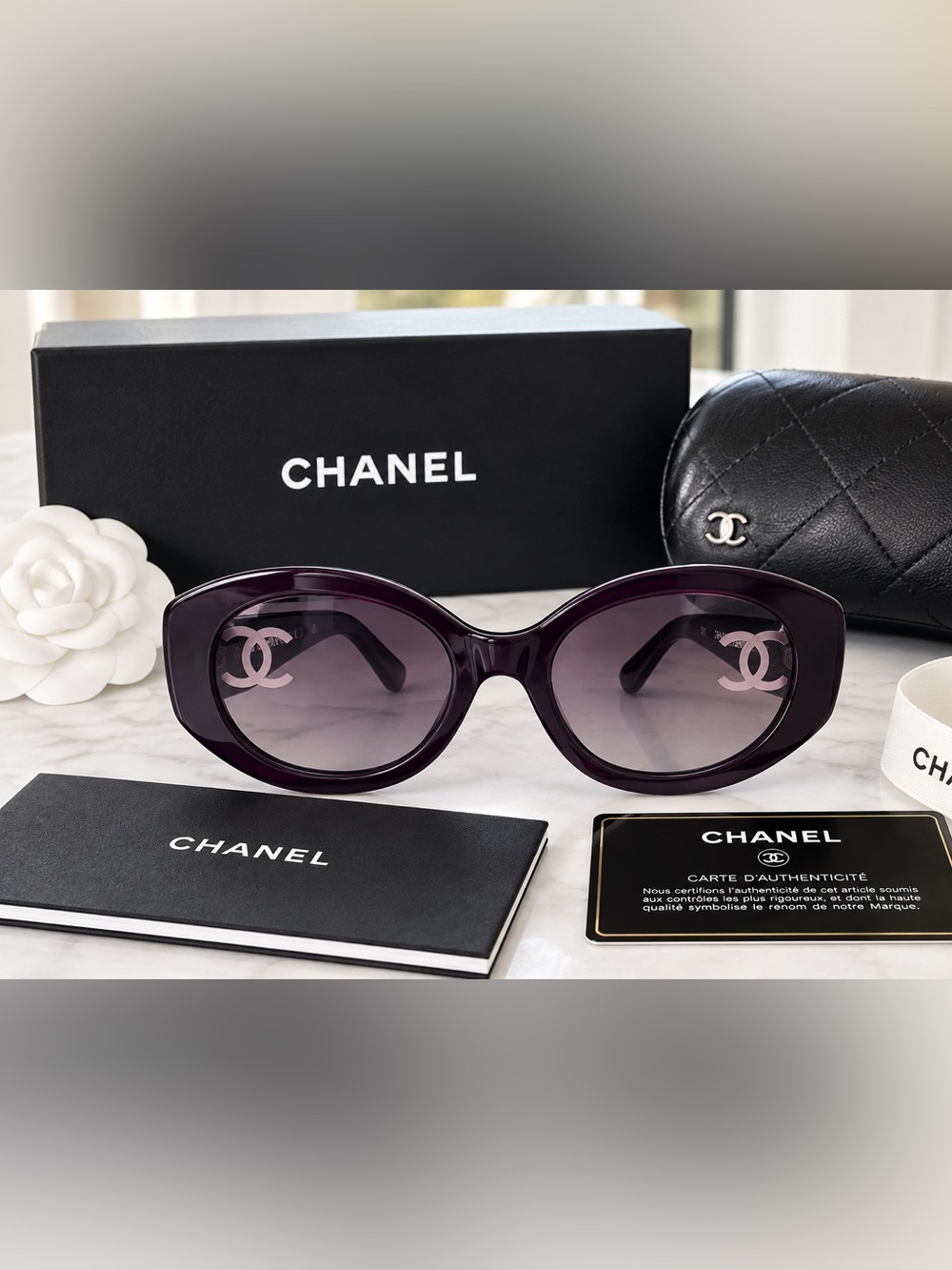 CHANEL Dark Purple Oval Sunglasses with Clear CC Logos